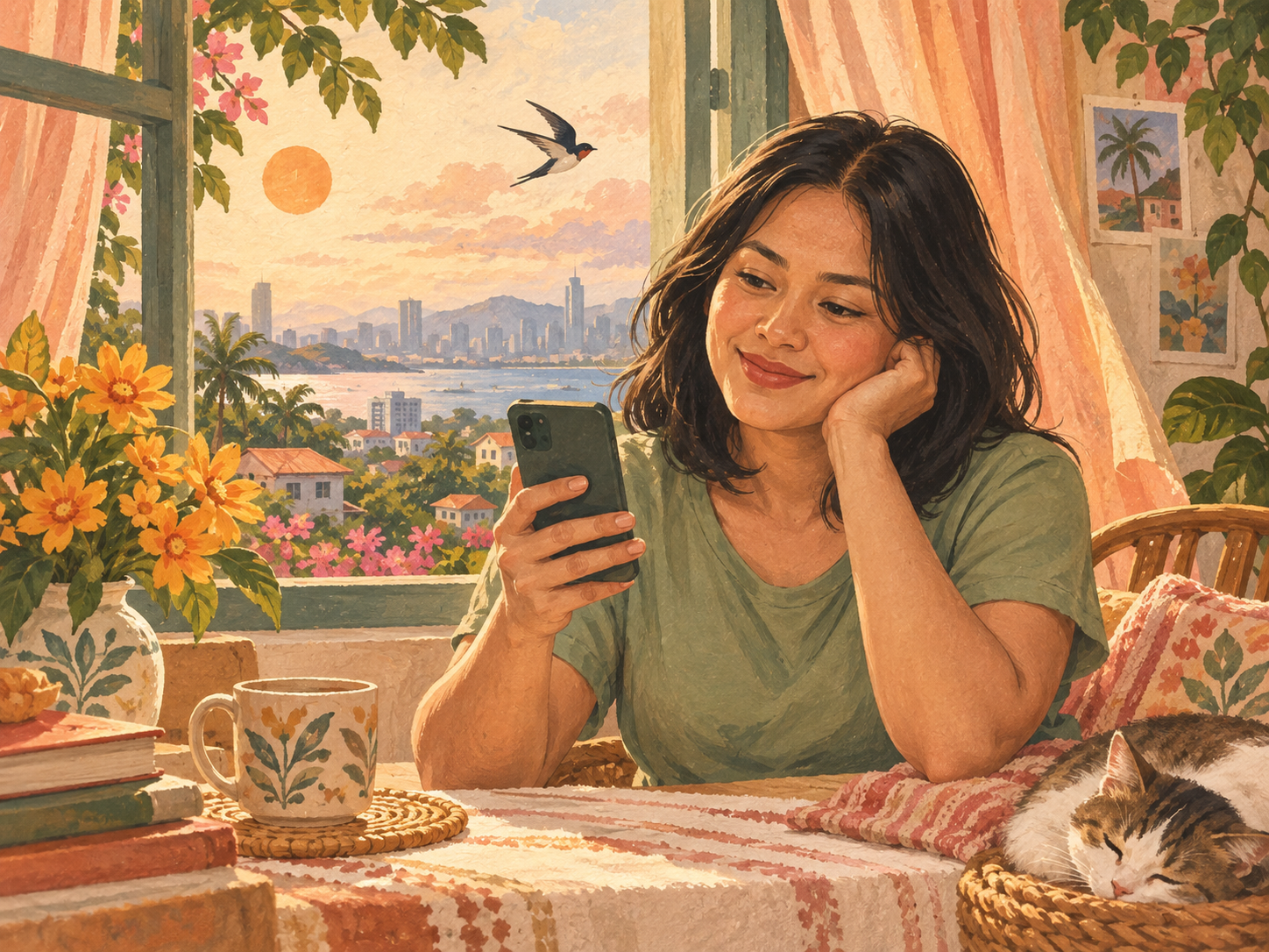 Illustration of a woman enjoying a peaceful moment beside a sunny window, connecting with home on her phone